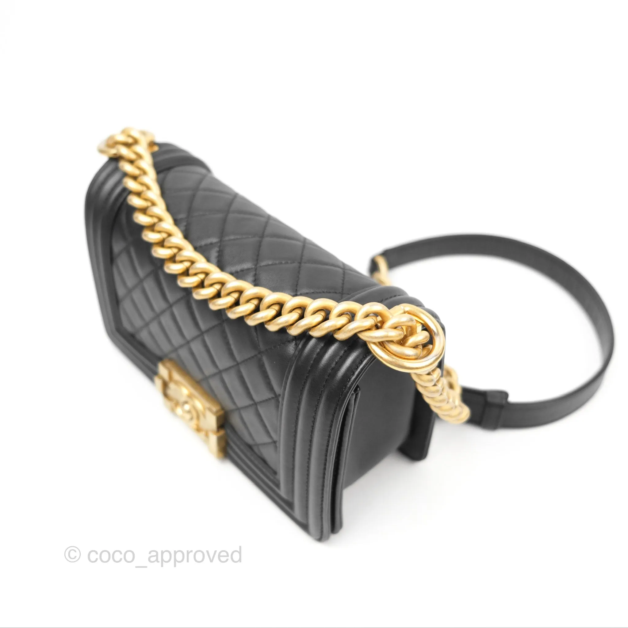 Chanel Small Boy Quilted Black Calfskin Aged Gold Hardware