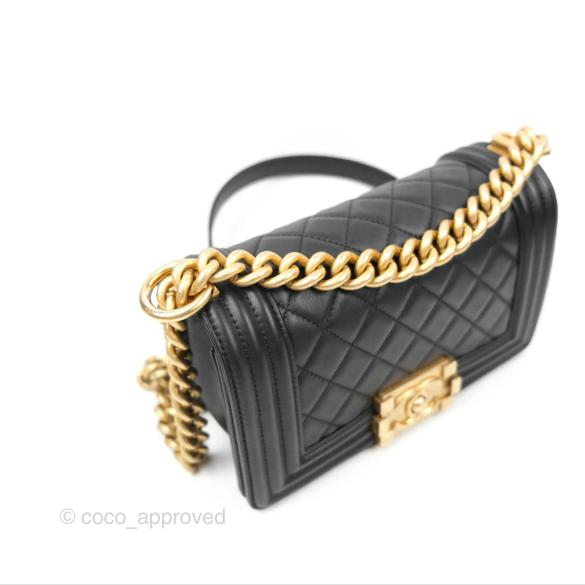 Chanel Small Boy Quilted Black Calfskin Aged Gold Hardware