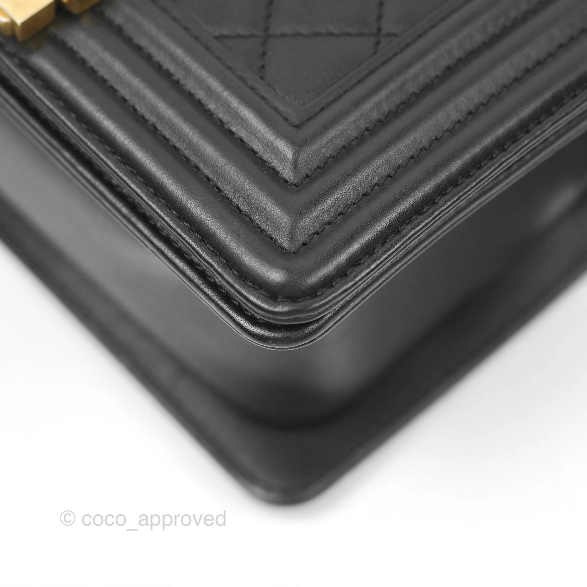 Chanel Small Boy Quilted Black Calfskin Aged Gold Hardware