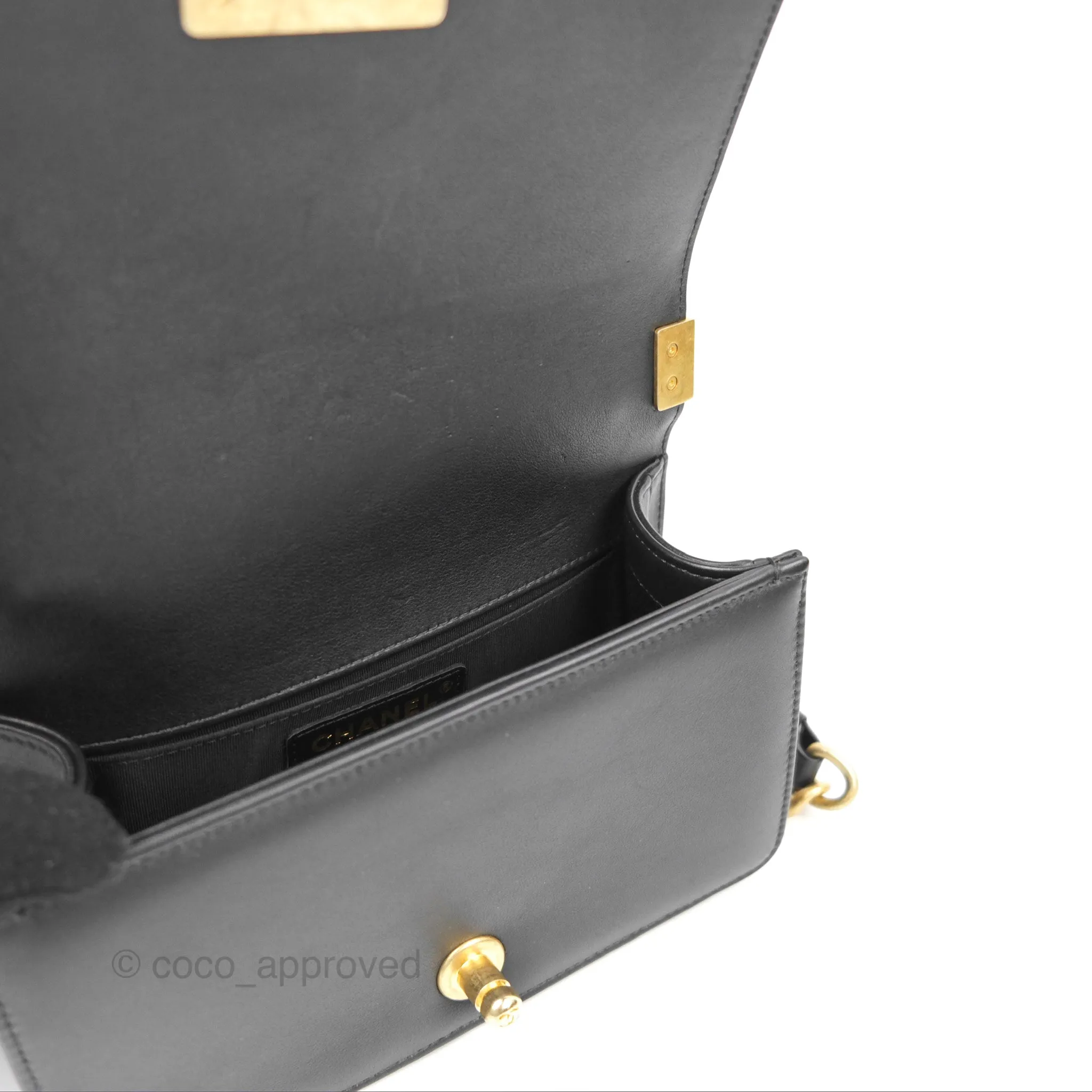 Chanel Small Boy Quilted Black Calfskin Aged Gold Hardware
