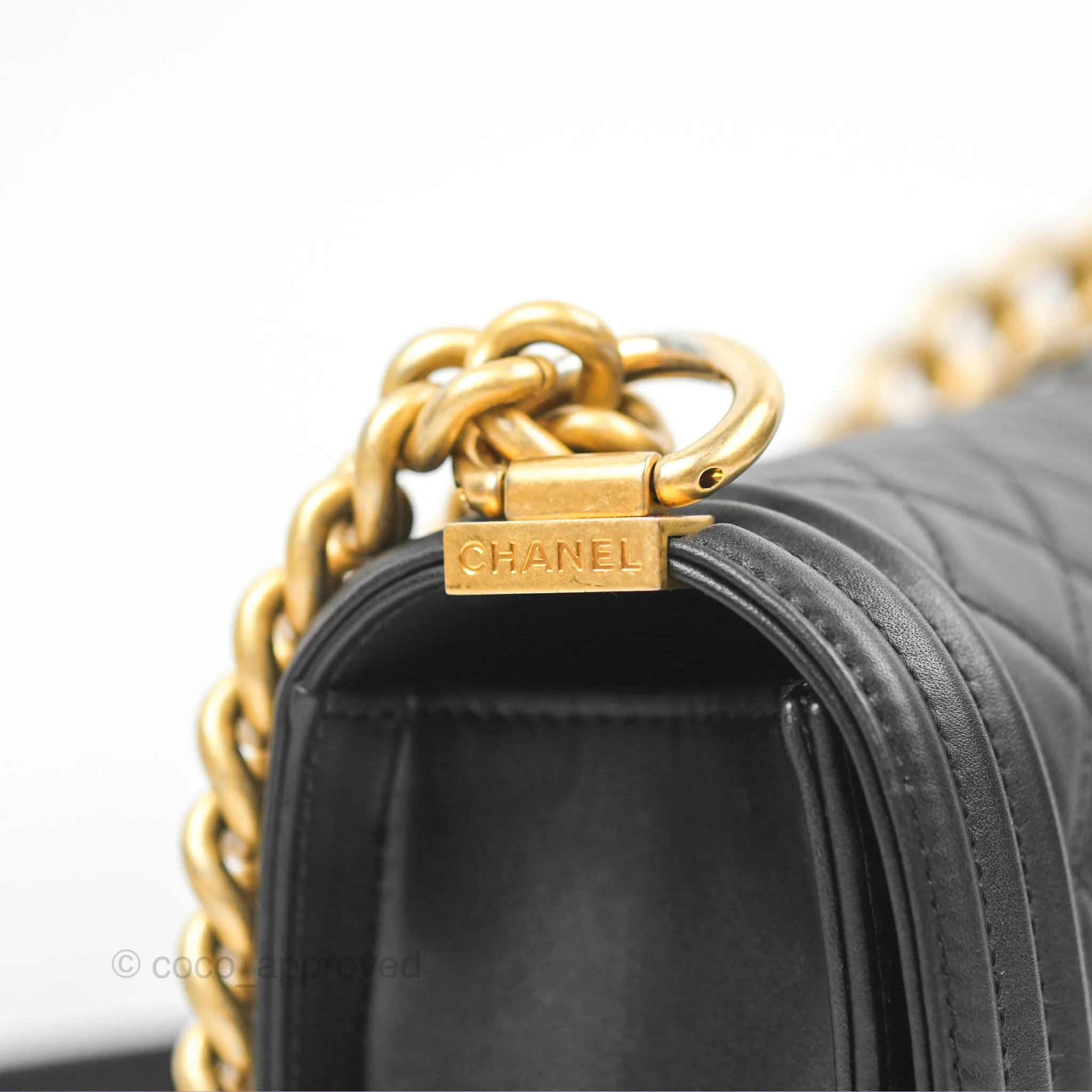 Chanel Small Boy Quilted Black Calfskin Aged Gold Hardware