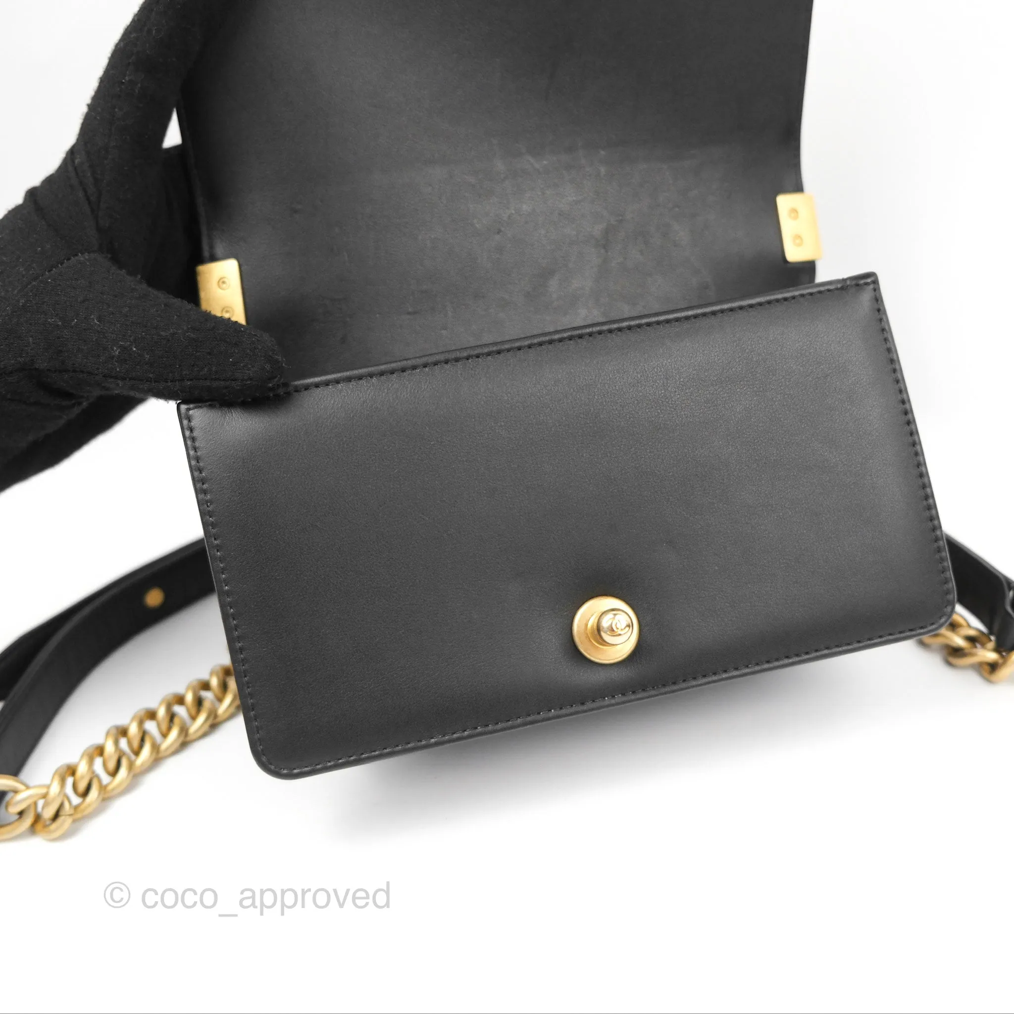 Chanel Small Boy Quilted Black Calfskin Aged Gold Hardware
