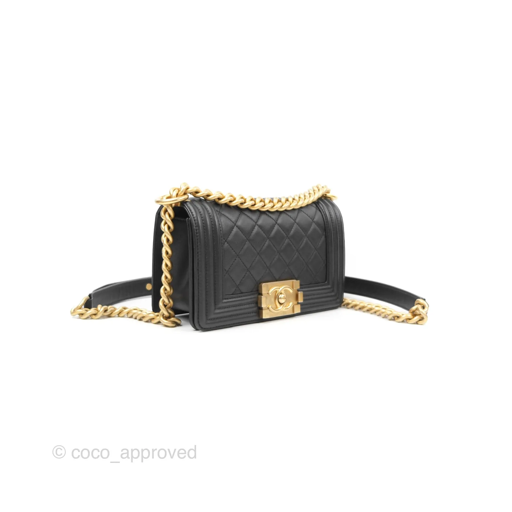 Chanel Small Boy Quilted Black Calfskin Aged Gold Hardware