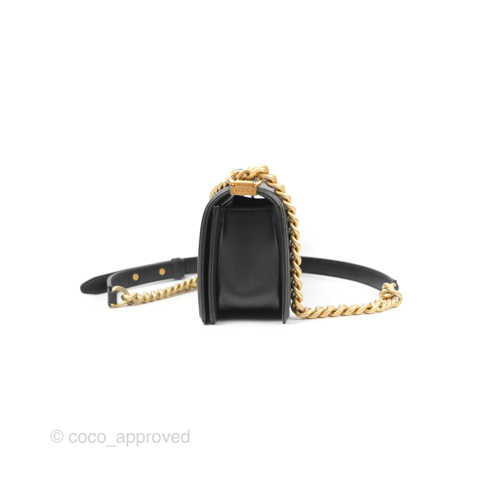 Chanel Small Boy Quilted Black Calfskin Aged Gold Hardware
