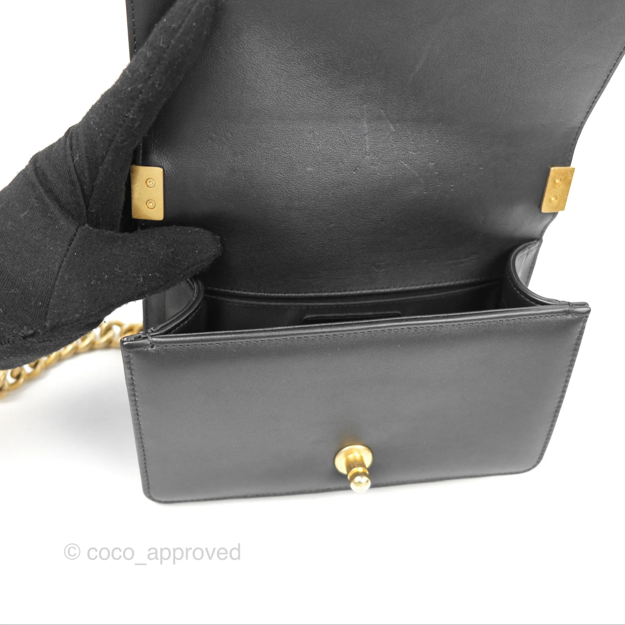 Chanel Small Boy Quilted Black Calfskin Aged Gold Hardware