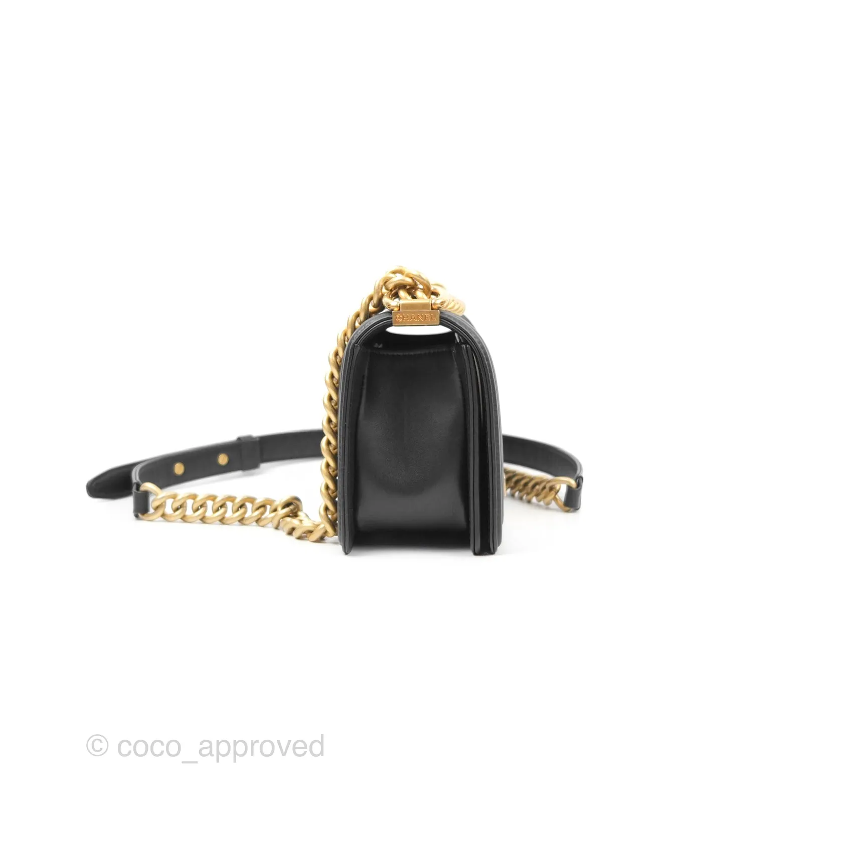 Chanel Small Boy Quilted Black Calfskin Aged Gold Hardware