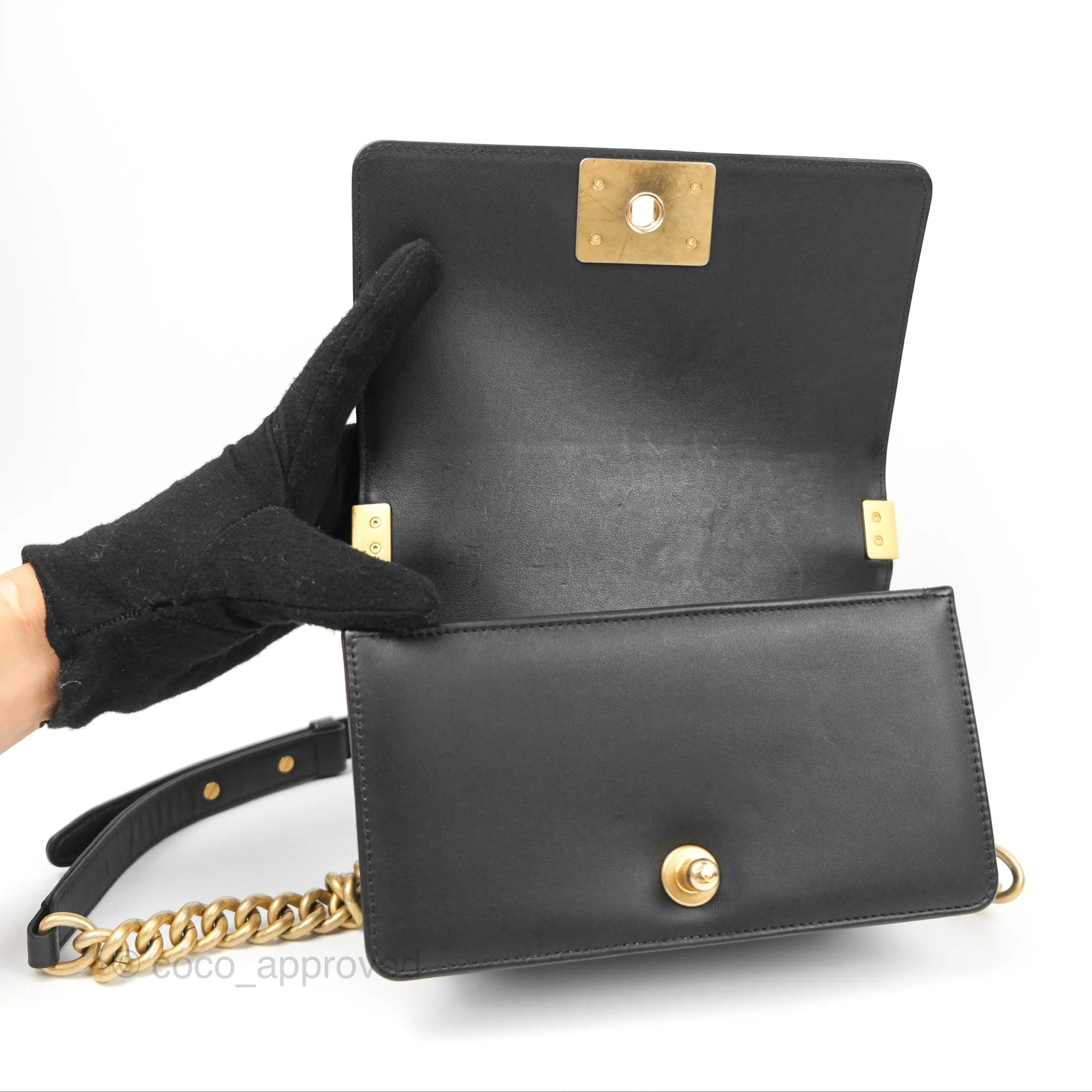 Chanel Small Boy Quilted Black Calfskin Aged Gold Hardware