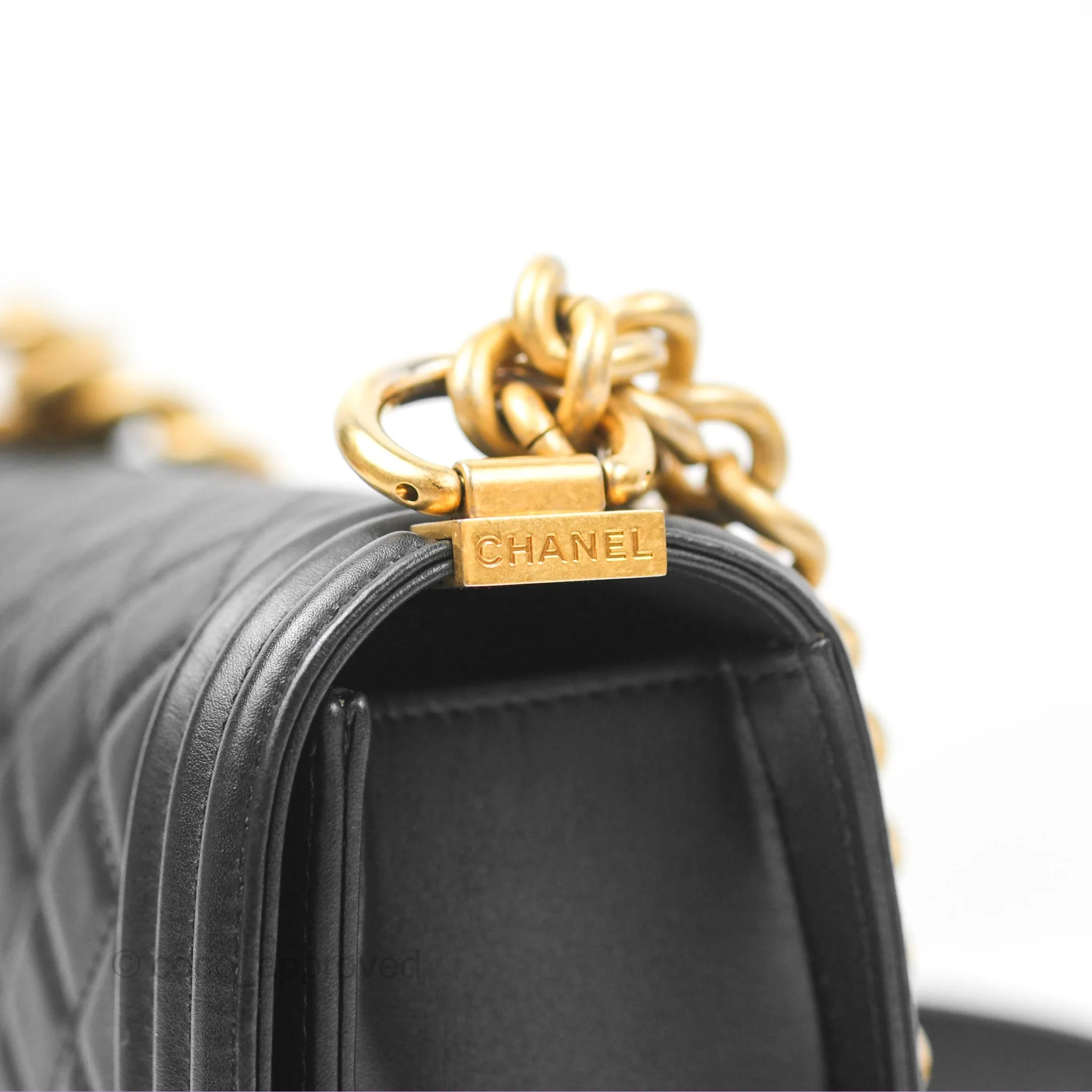 Chanel Small Boy Quilted Black Calfskin Aged Gold Hardware