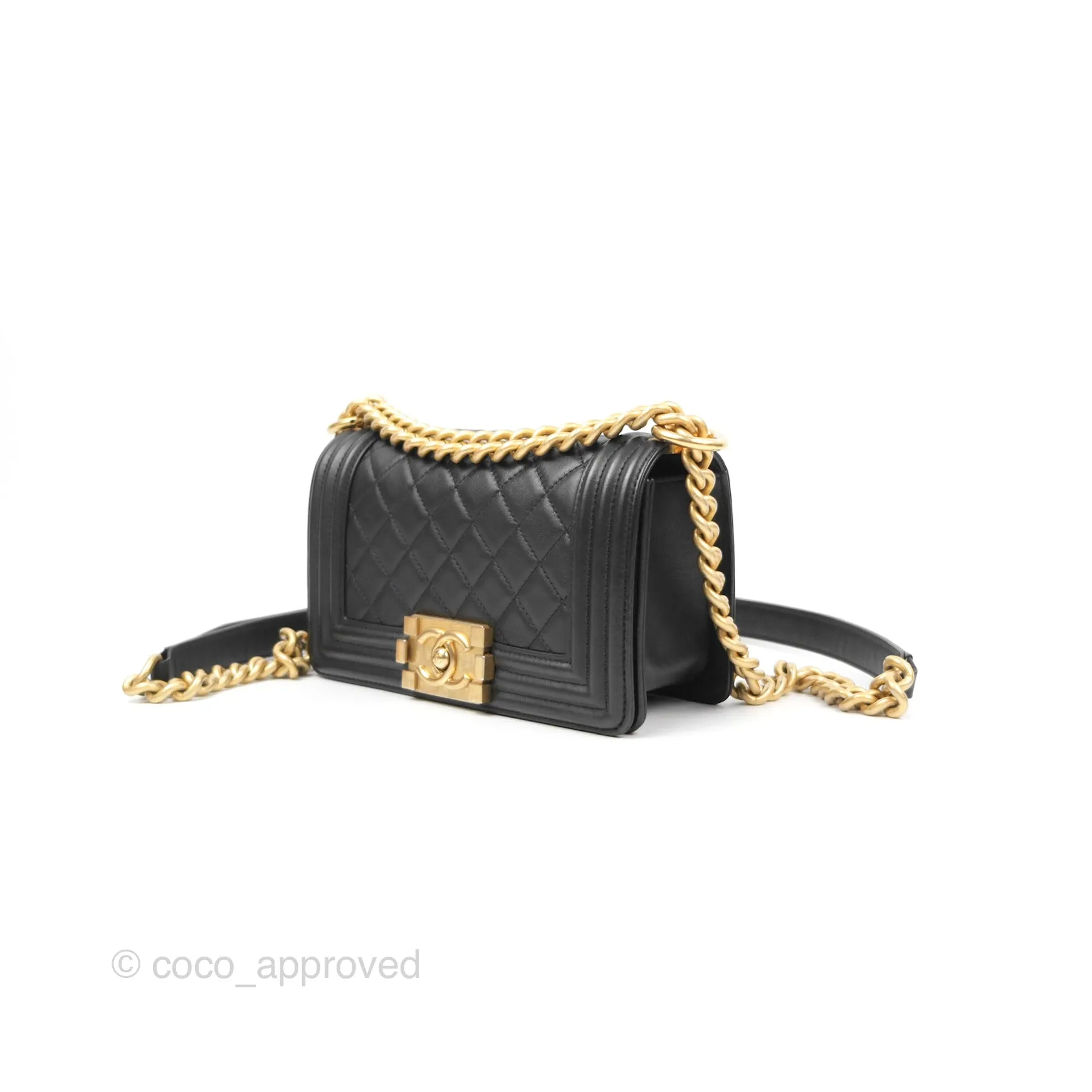 Chanel Small Boy Quilted Black Calfskin Aged Gold Hardware