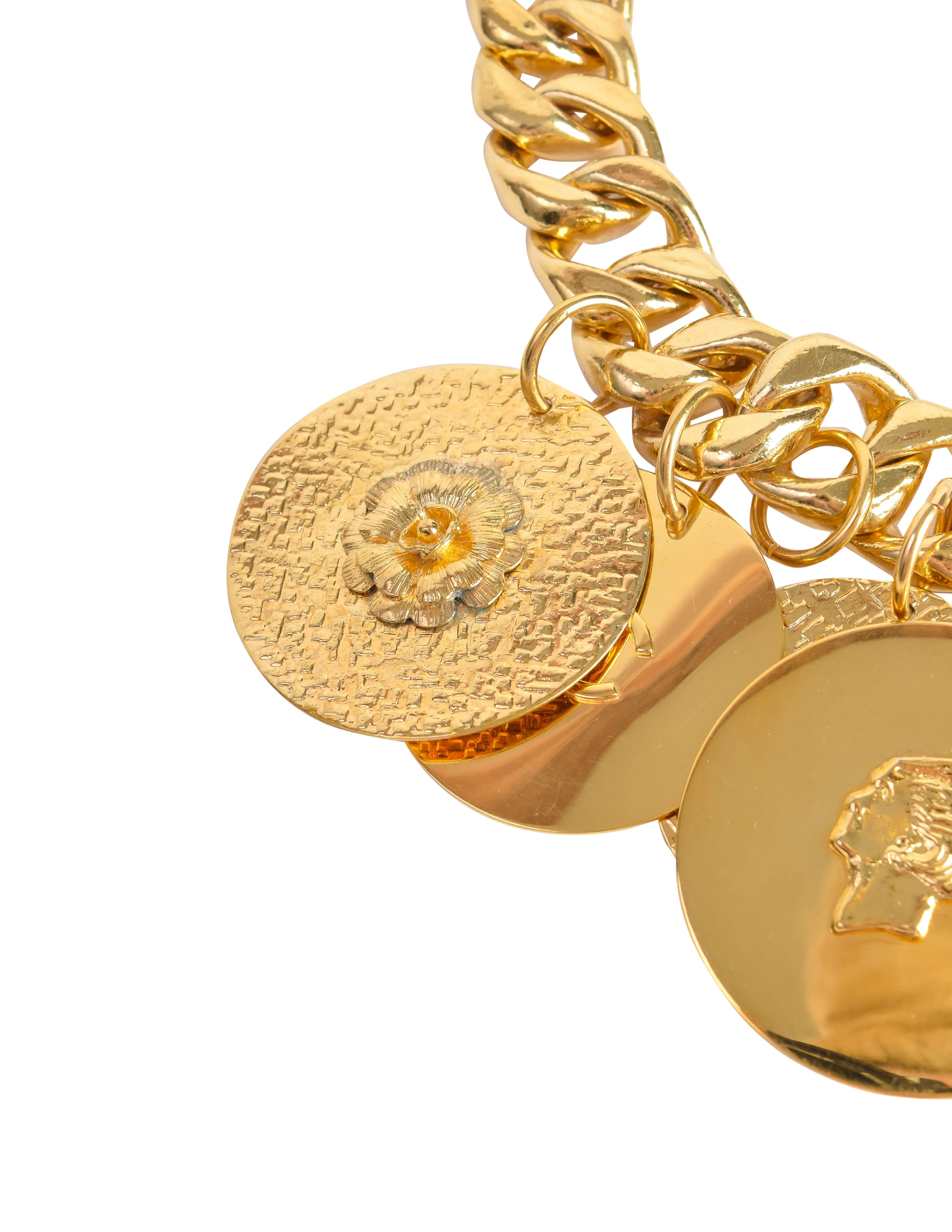 Chanel Vintage Gold Hammered CC Logo Flower Shamrock Cambon Large Multi Medallion Chain Necklace