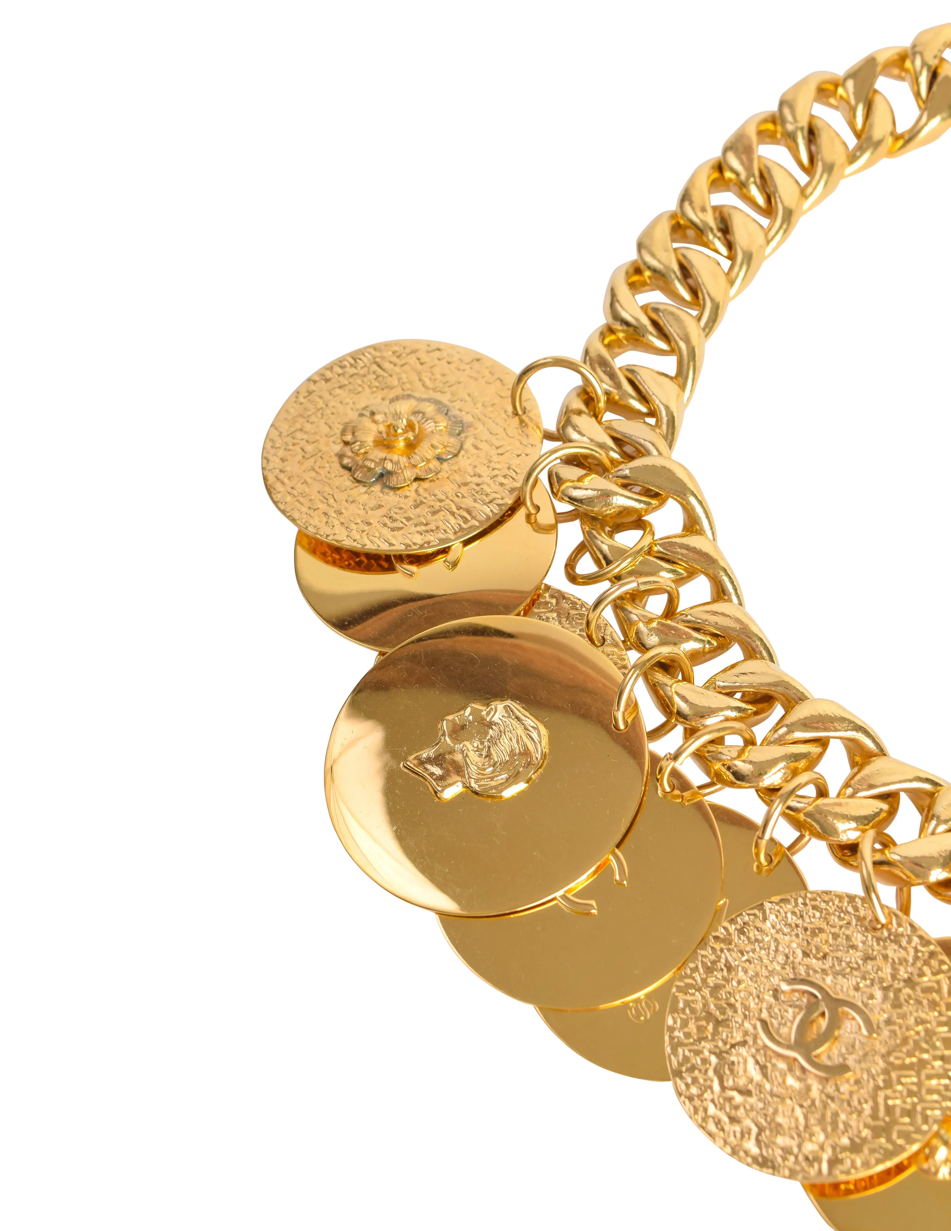 Chanel Vintage Gold Hammered CC Logo Flower Shamrock Cambon Large Multi Medallion Chain Necklace