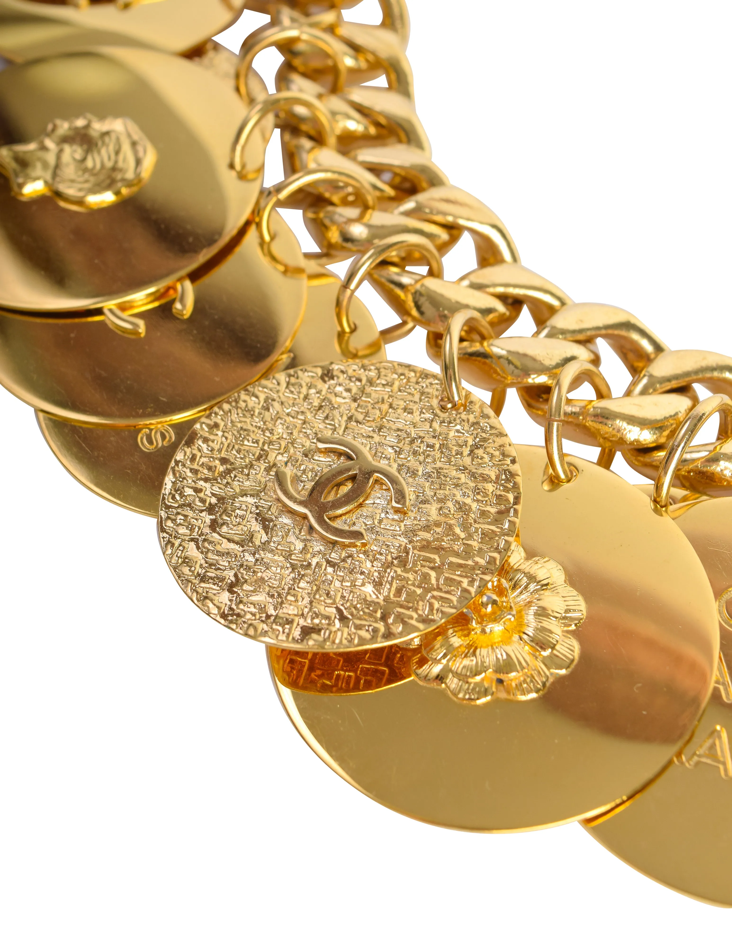Chanel Vintage Gold Hammered CC Logo Flower Shamrock Cambon Large Multi Medallion Chain Necklace