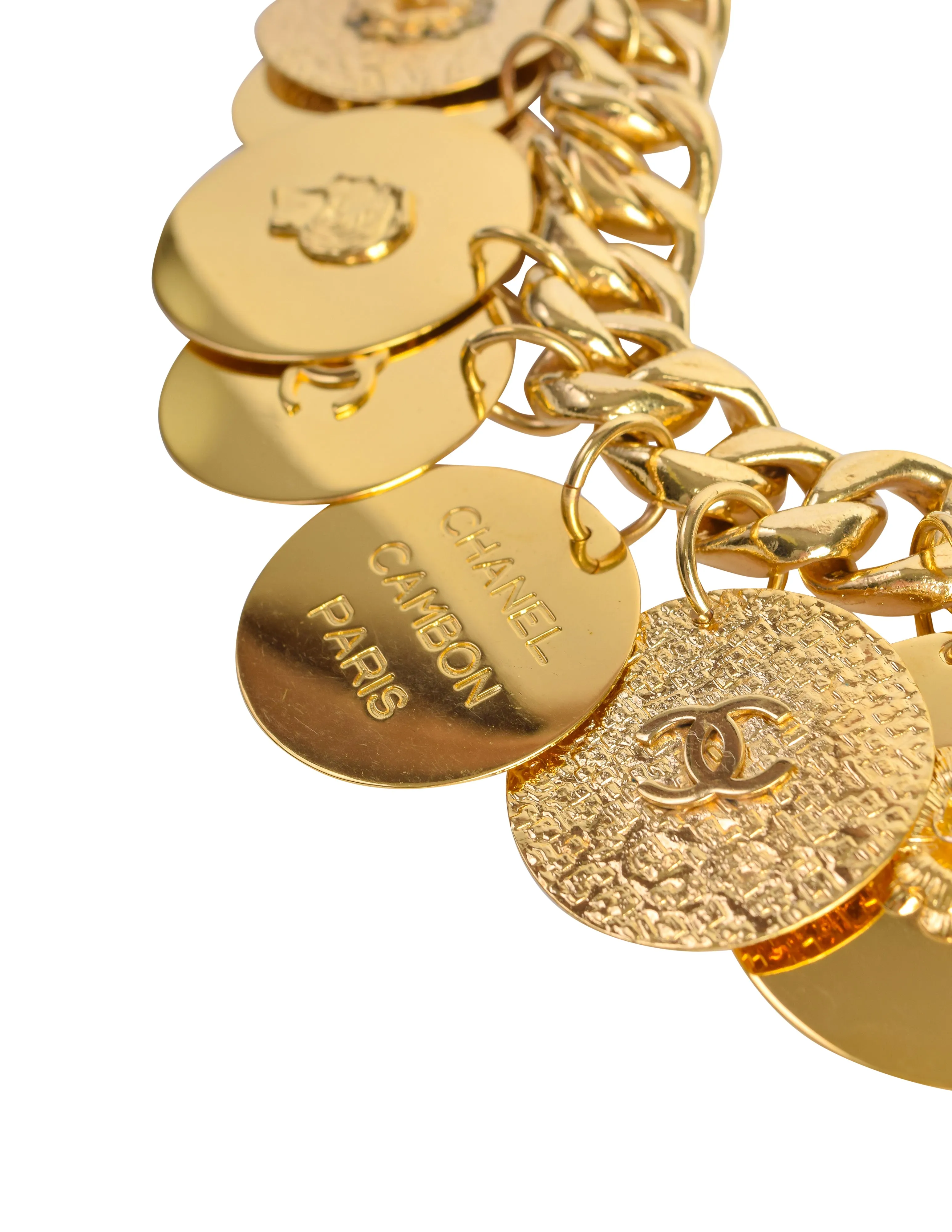 Chanel Vintage Gold Hammered CC Logo Flower Shamrock Cambon Large Multi Medallion Chain Necklace