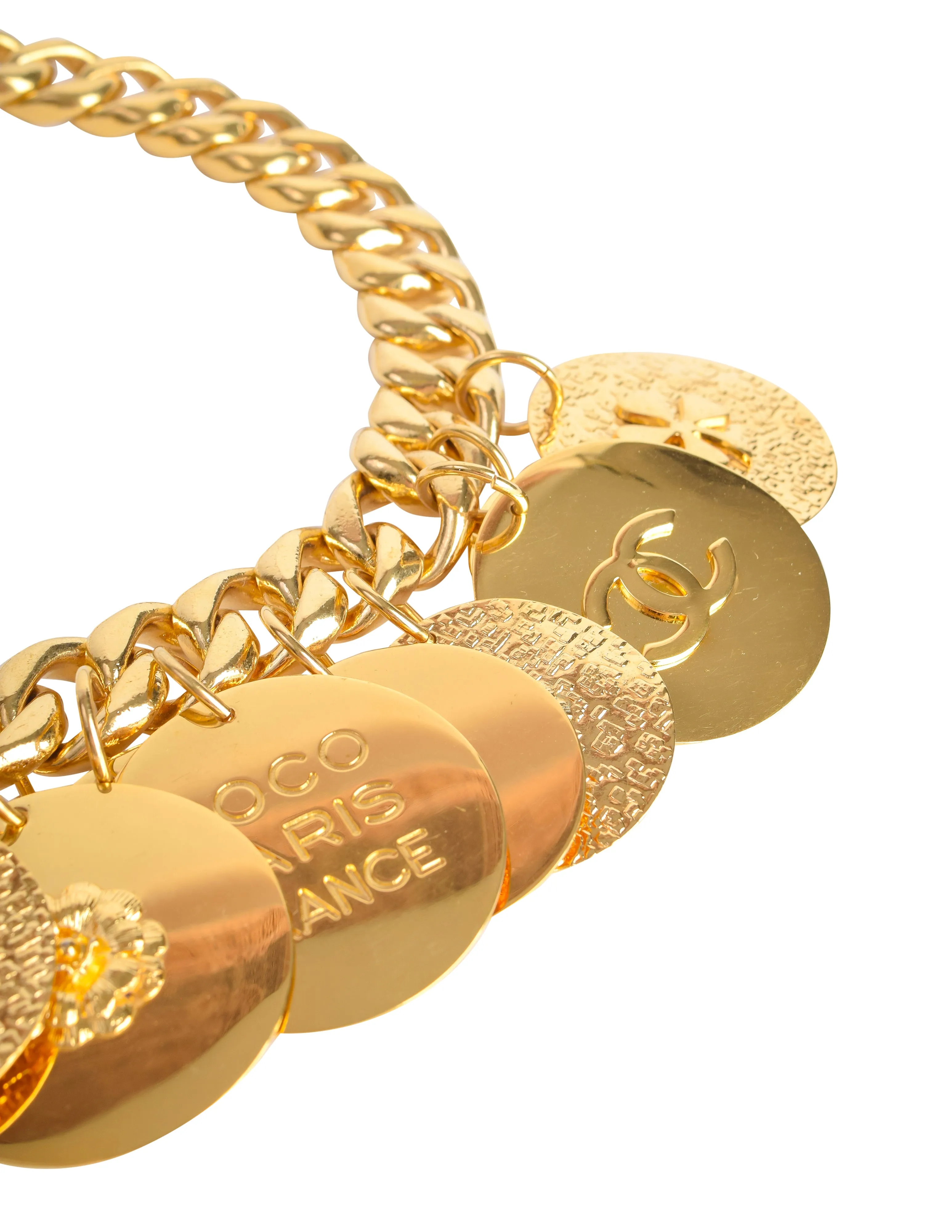 Chanel Vintage Gold Hammered CC Logo Flower Shamrock Cambon Large Multi Medallion Chain Necklace