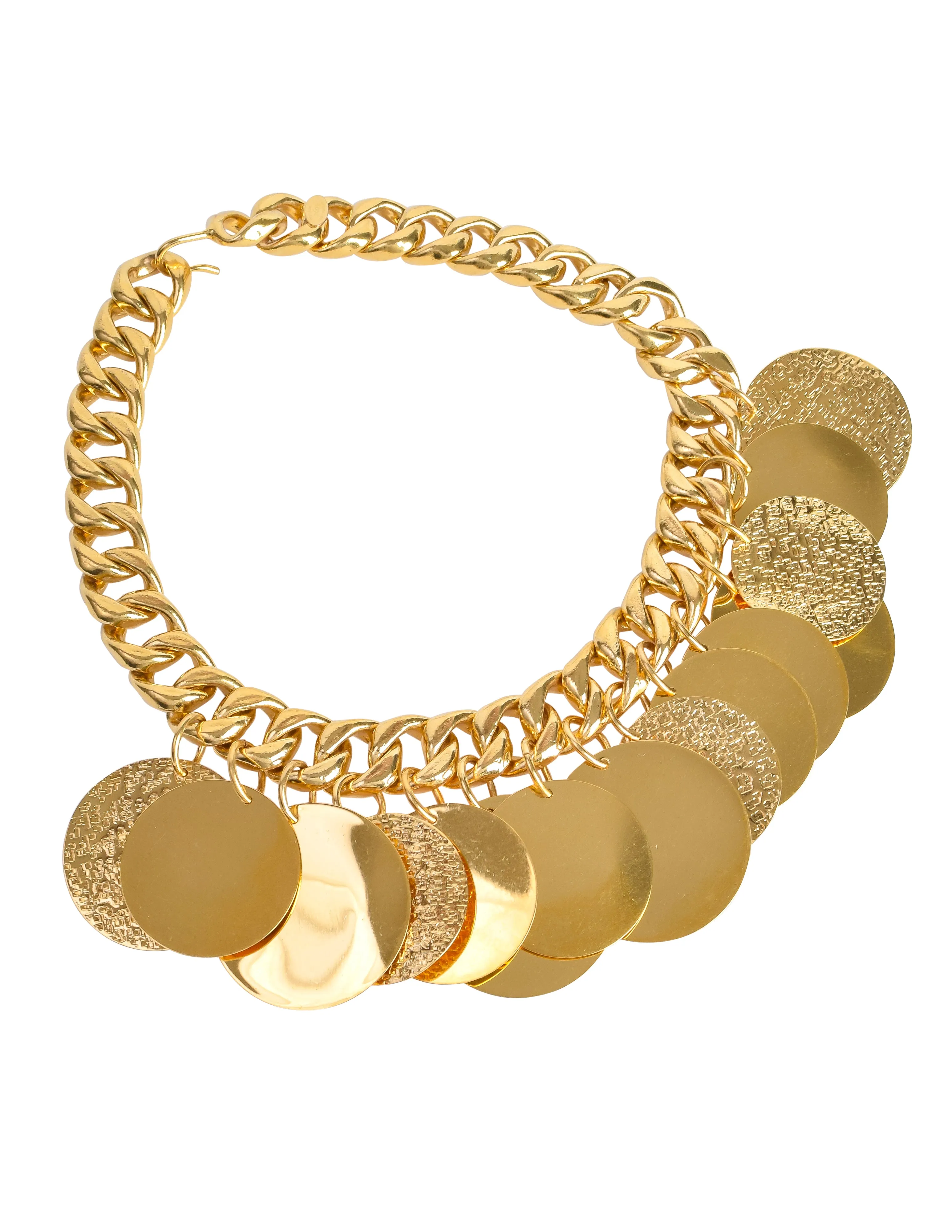 Chanel Vintage Gold Hammered CC Logo Flower Shamrock Cambon Large Multi Medallion Chain Necklace