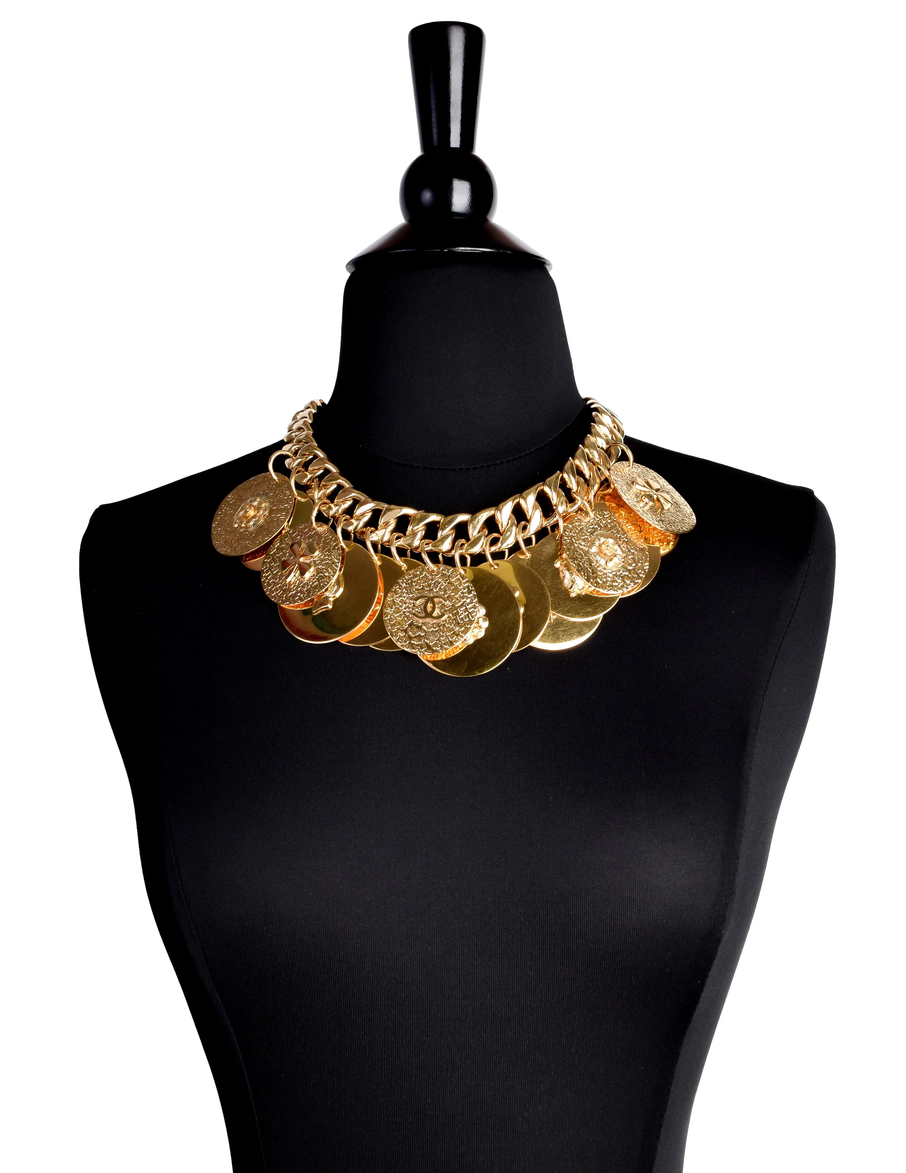 Chanel Vintage Gold Hammered CC Logo Flower Shamrock Cambon Large Multi Medallion Chain Necklace