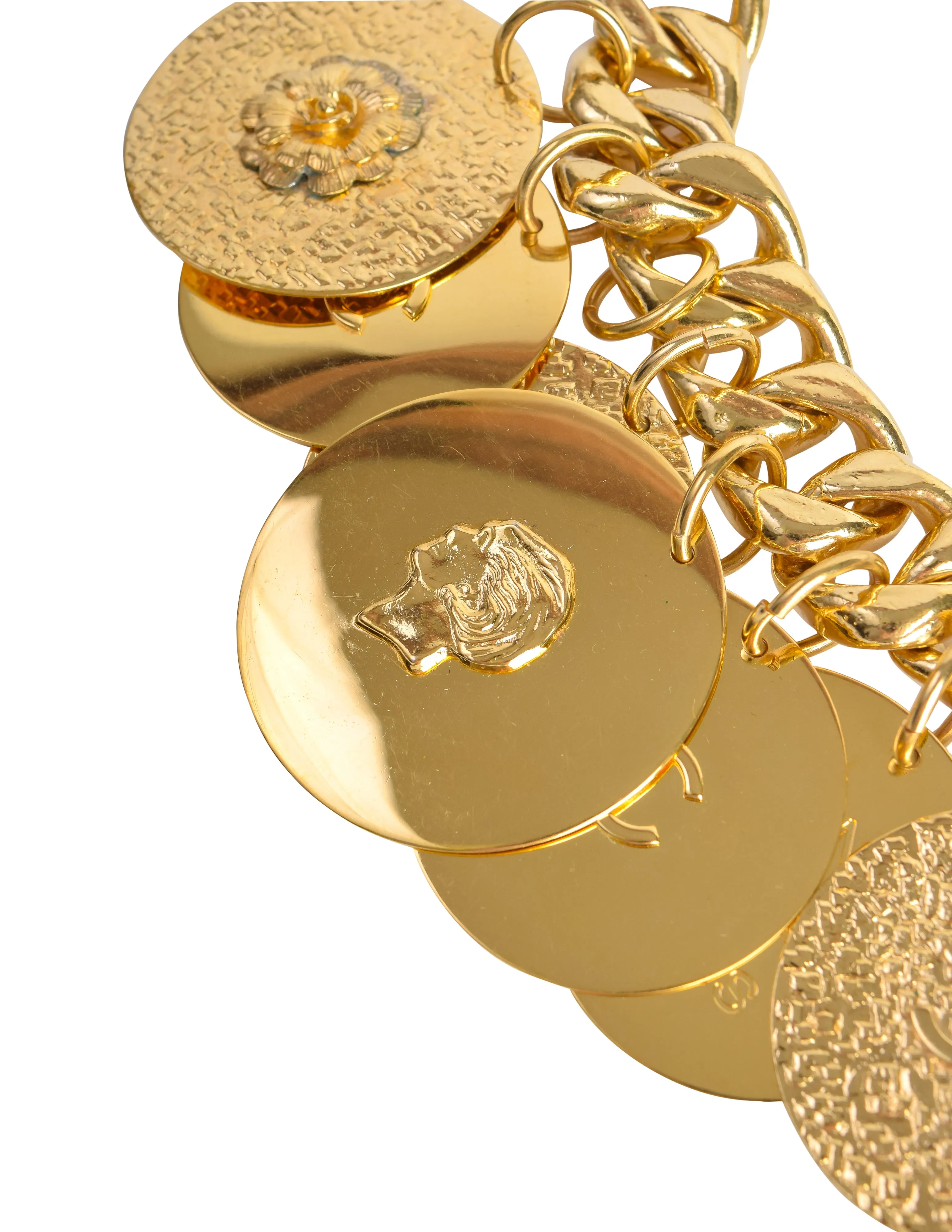 Chanel Vintage Gold Hammered CC Logo Flower Shamrock Cambon Large Multi Medallion Chain Necklace