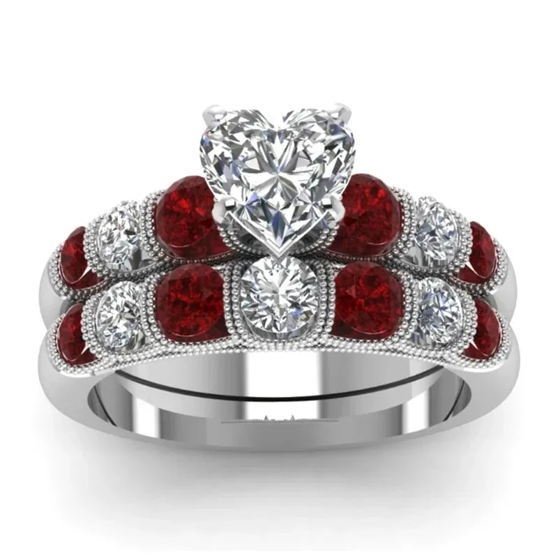 Couple Heart Garnet Ring Set