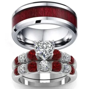 Couple Heart Garnet Ring Set