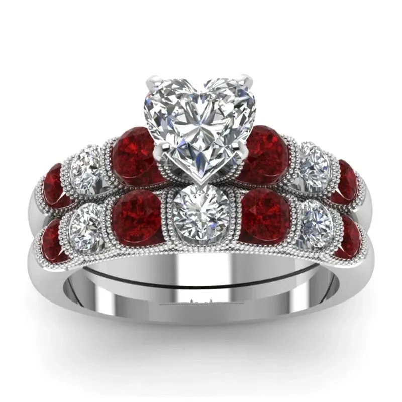 Couple Heart Garnet Ring Set
