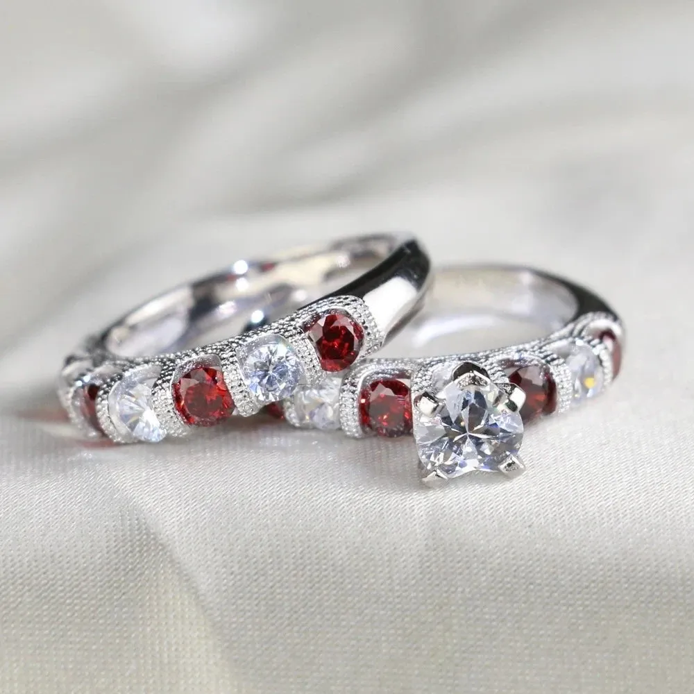 Couple Heart Garnet Ring Set