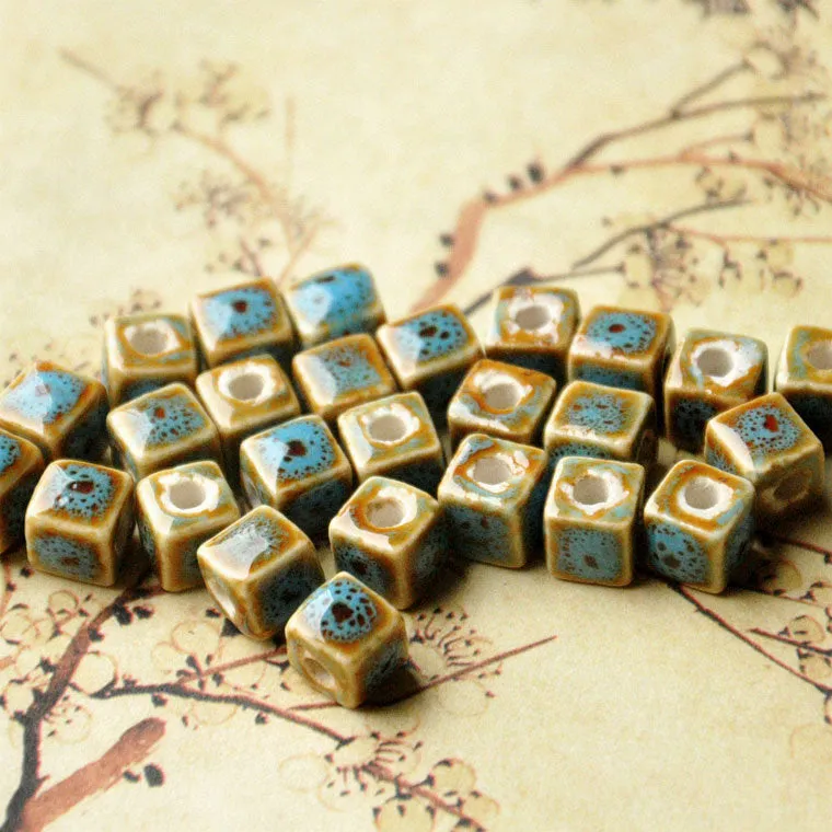 Cube Ceramic Beads, Handmade Pottery Beads, Porcelain Beads, Spacers  For Jewellery Making, Mixed Colours, 8 mm, Necklace Bracelet Supplies