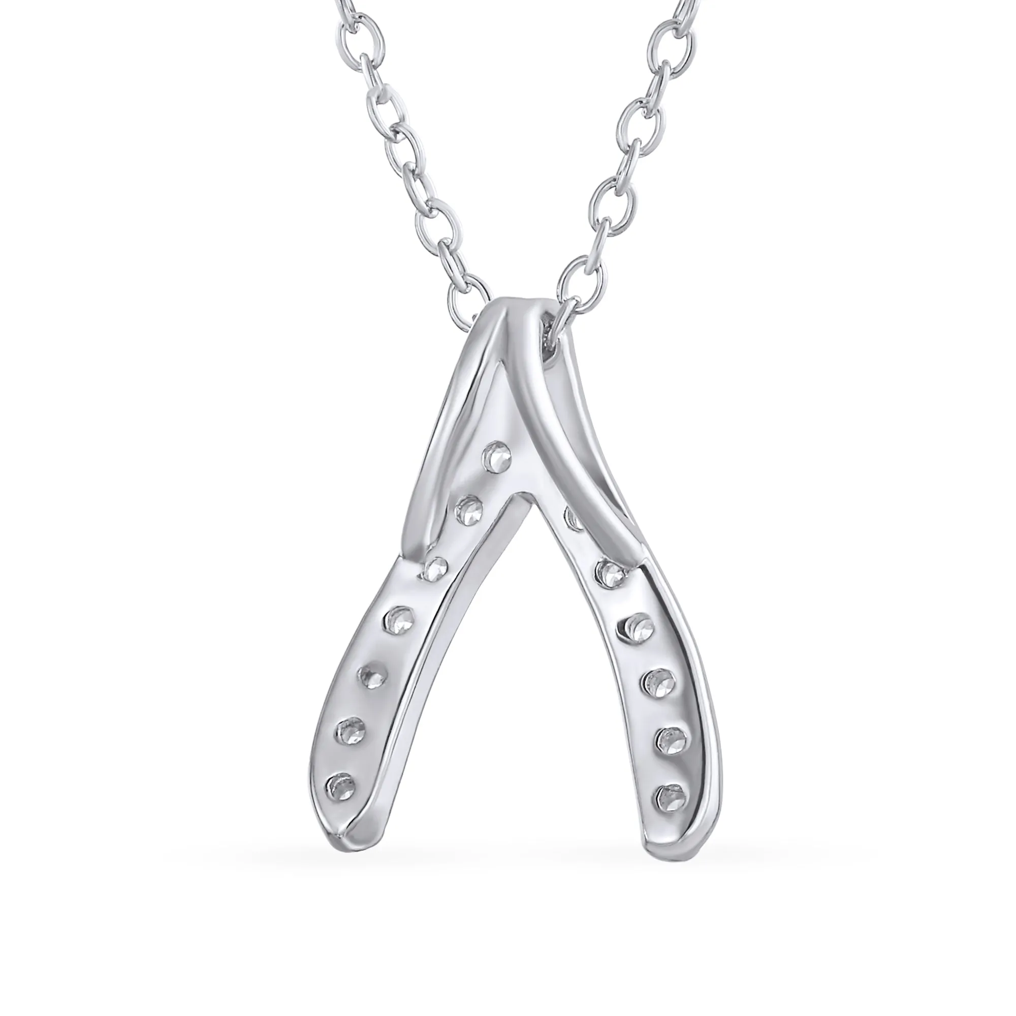 CZ Good Luck Wishbone Pendant Necklace Rose Gold Plated .925 Sterling Silver