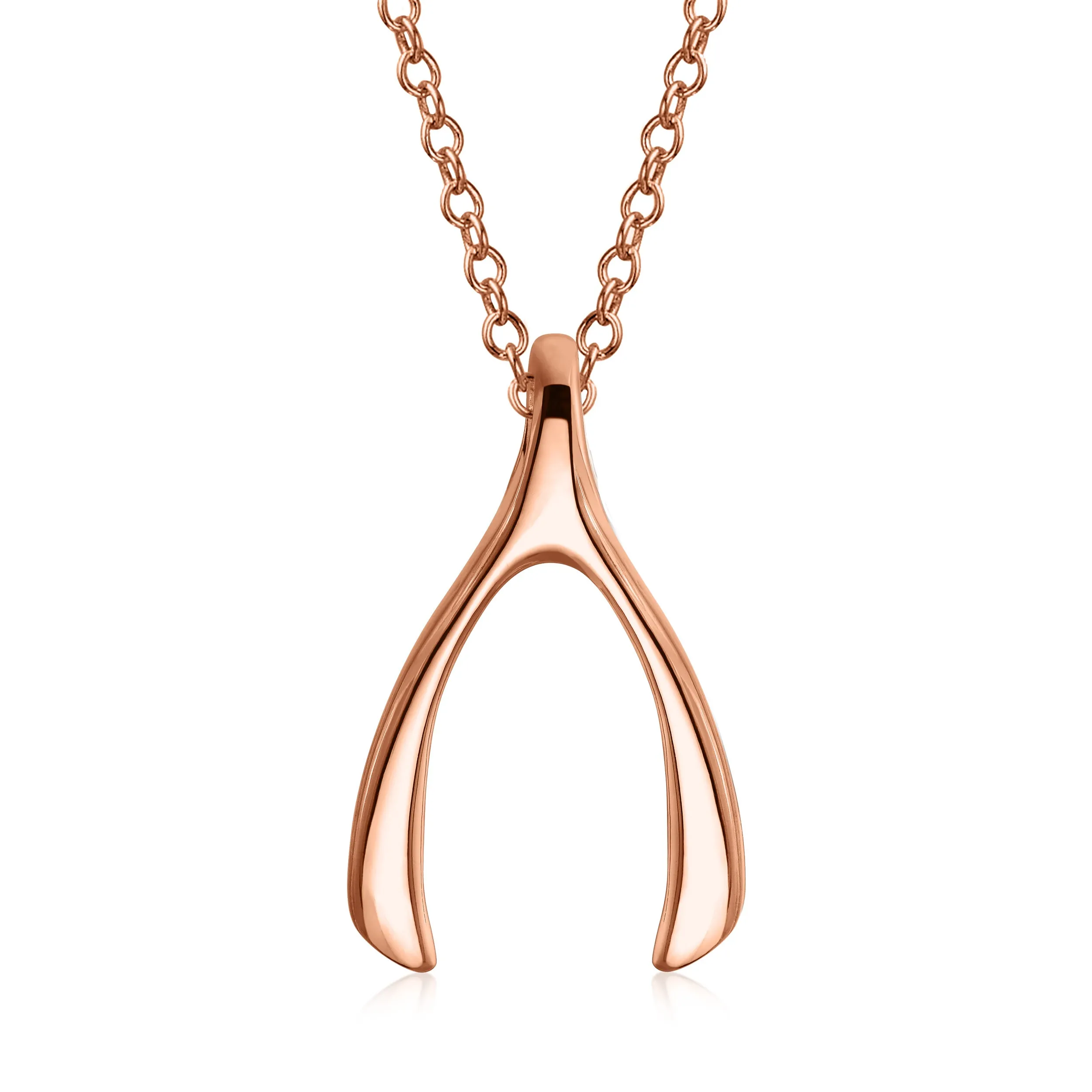 CZ Good Luck Wishbone Pendant Necklace Rose Gold Plated .925 Sterling Silver
