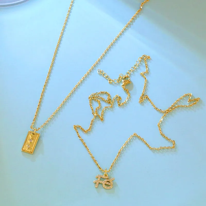 CZ Pave Rhinestone FE Necklace For Women Brass Square Moon And Star Pendant Necklace