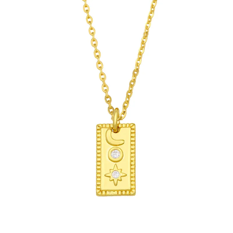 CZ Pave Rhinestone FE Necklace For Women Brass Square Moon And Star Pendant Necklace