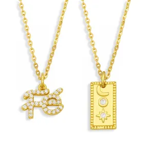 CZ Pave Rhinestone FE Necklace For Women Brass Square Moon And Star Pendant Necklace