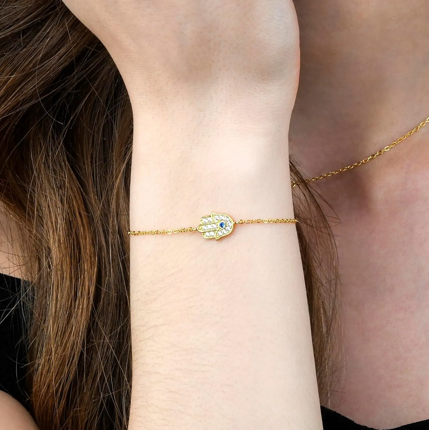 Dainty Hamsa Bracelets in 925 Sterling Silver for Women, Silver, Yellow Gold, or Rose Gold Hamsa Bracelet with Sparkling Cubic Zirconia Stones
