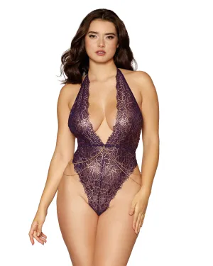 Dreamgirl Gold Foiled Stretch Lace Halter Teddy with Gold Colored Chain Detail