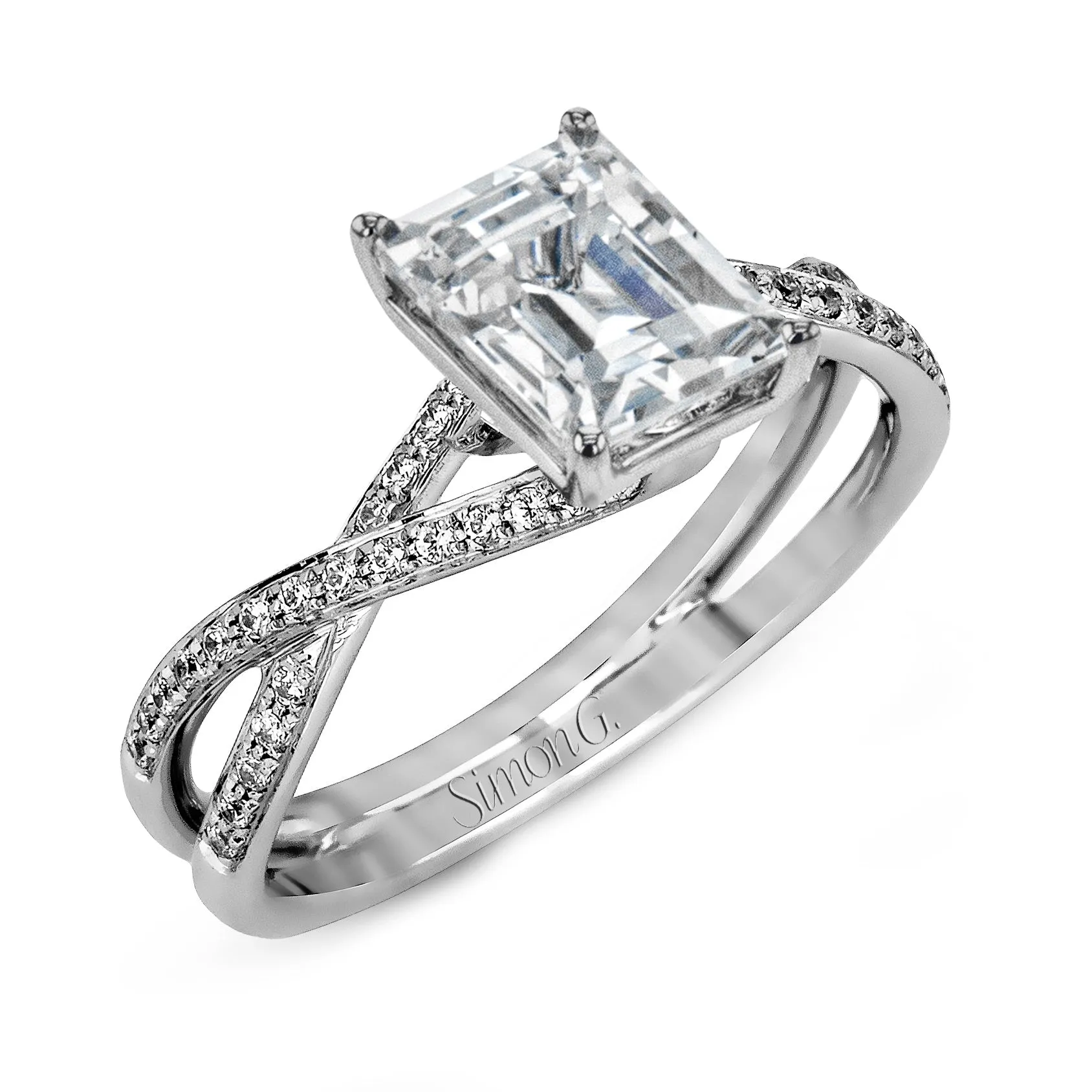 Emerald-cut Criss-cross Engagement Ring & Matching Wedding Band in 18k Gold with Diamonds