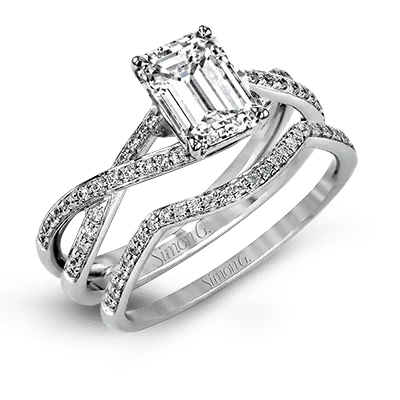Emerald-cut Criss-cross Engagement Ring & Matching Wedding Band in 18k Gold with Diamonds