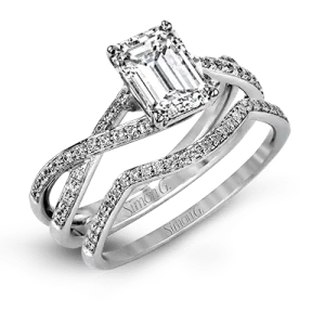 Emerald-cut Criss-cross Engagement Ring & Matching Wedding Band in 18k Gold with Diamonds