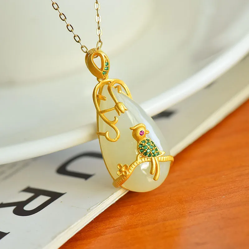 Exquisite and fashionable silver inlaid natural Hetian jade drop pendant