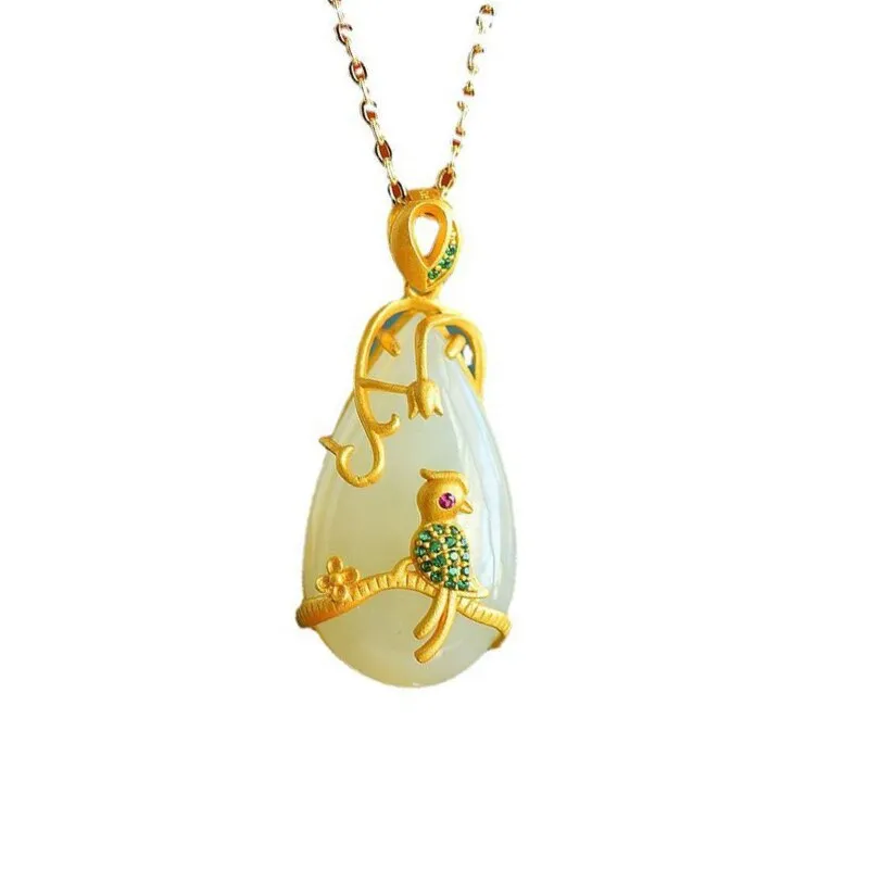 Exquisite and fashionable silver inlaid natural Hetian jade drop pendant