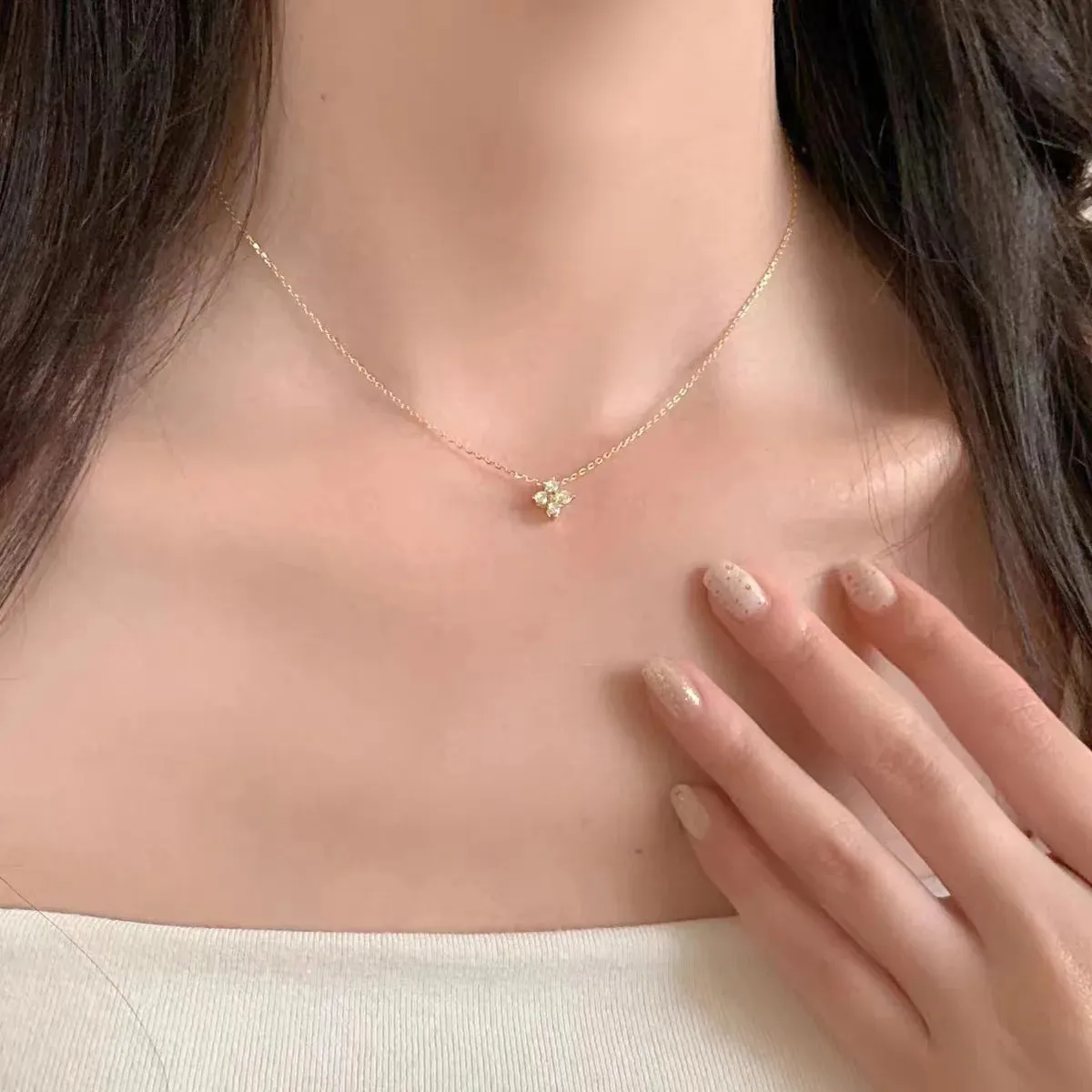 Exquisite Crystal Clover Flowers 925 Sterling Silver Chain Necklaces for Women White Gold Plated Fancy Jewelry Accessories