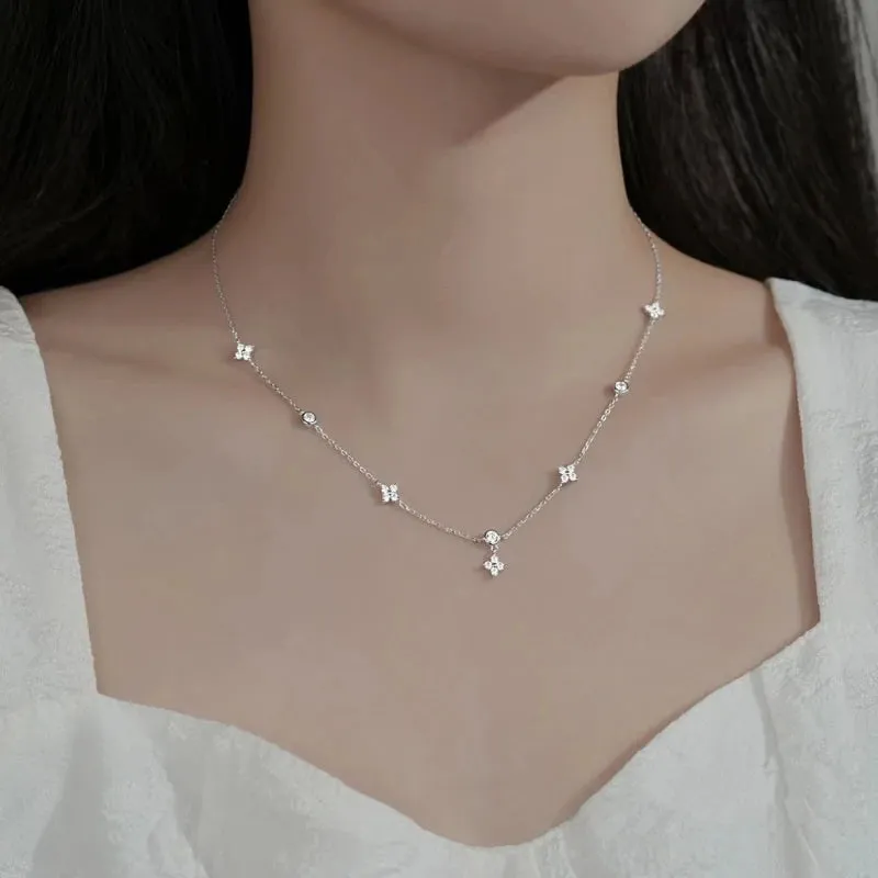 Exquisite Crystal Clover Flowers 925 Sterling Silver Chain Necklaces for Women White Gold Plated Fancy Jewelry Accessories