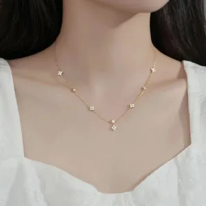 Exquisite Crystal Clover Flowers 925 Sterling Silver Chain Necklaces for Women White Gold Plated Fancy Jewelry Accessories