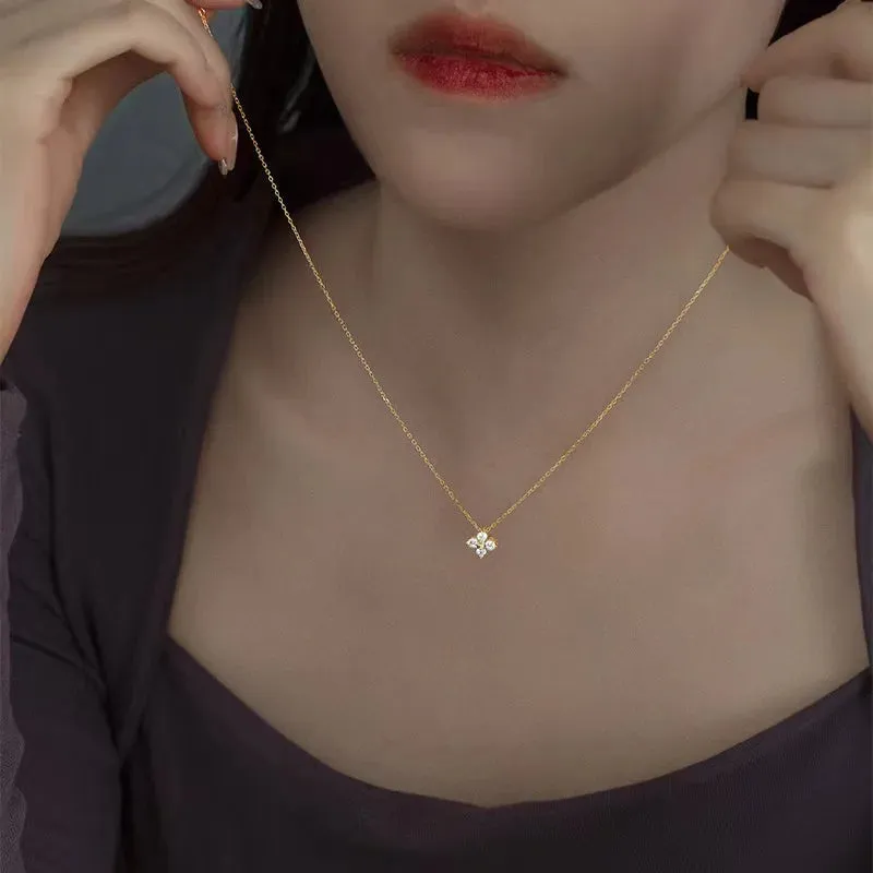 Exquisite Crystal Clover Flowers 925 Sterling Silver Chain Necklaces for Women White Gold Plated Fancy Jewelry Accessories