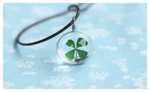 Fashion Crystal Glass Ball Clover Dried flow Long Strip Leather Chain Necklace for Women