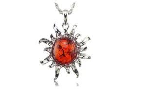 Faux Amber Honey Sun Lucky Flossy Tibet Silver Pendant Necklace