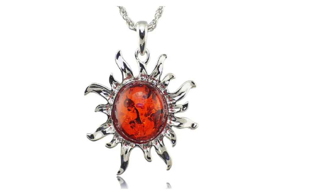Faux Amber Honey Sun Lucky Flossy Tibet Silver Pendant Necklace