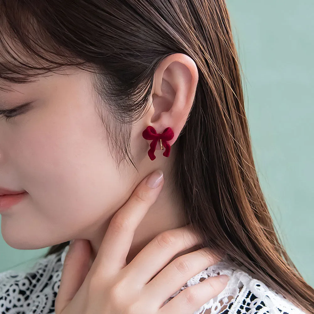 Flocked Bow Clip On Earrings