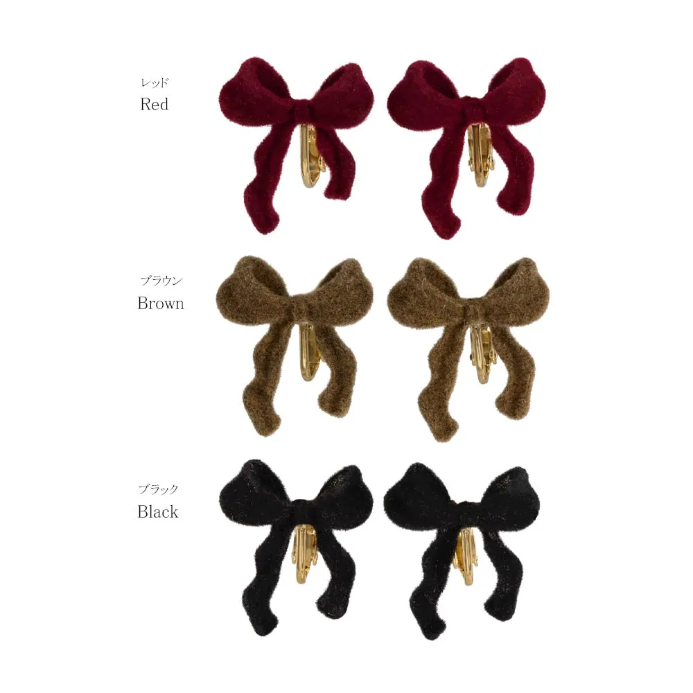 Flocked Bow Clip On Earrings