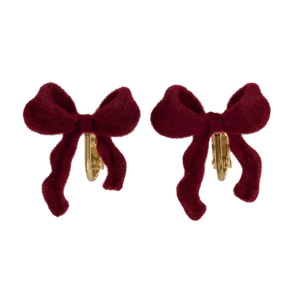 Flocked Bow Clip On Earrings