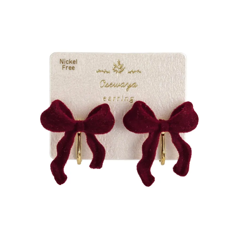 Flocked Bow Clip On Earrings
