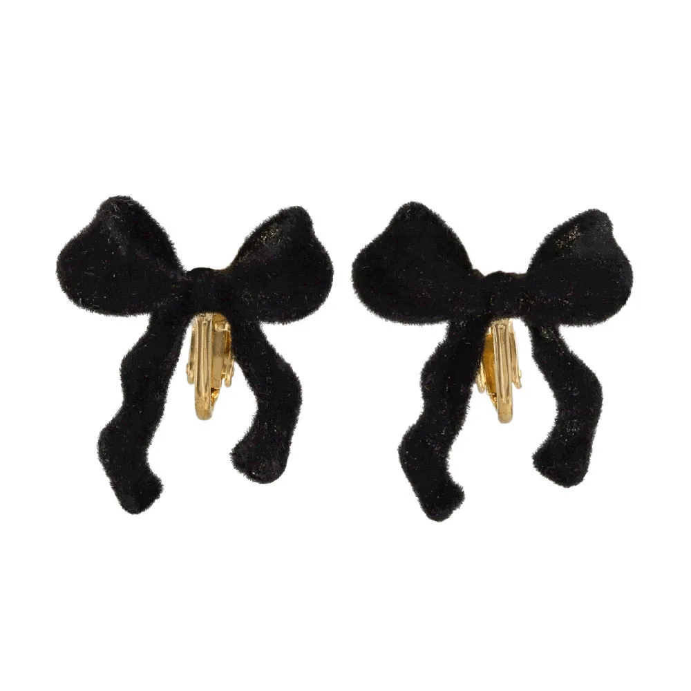 Flocked Bow Clip On Earrings